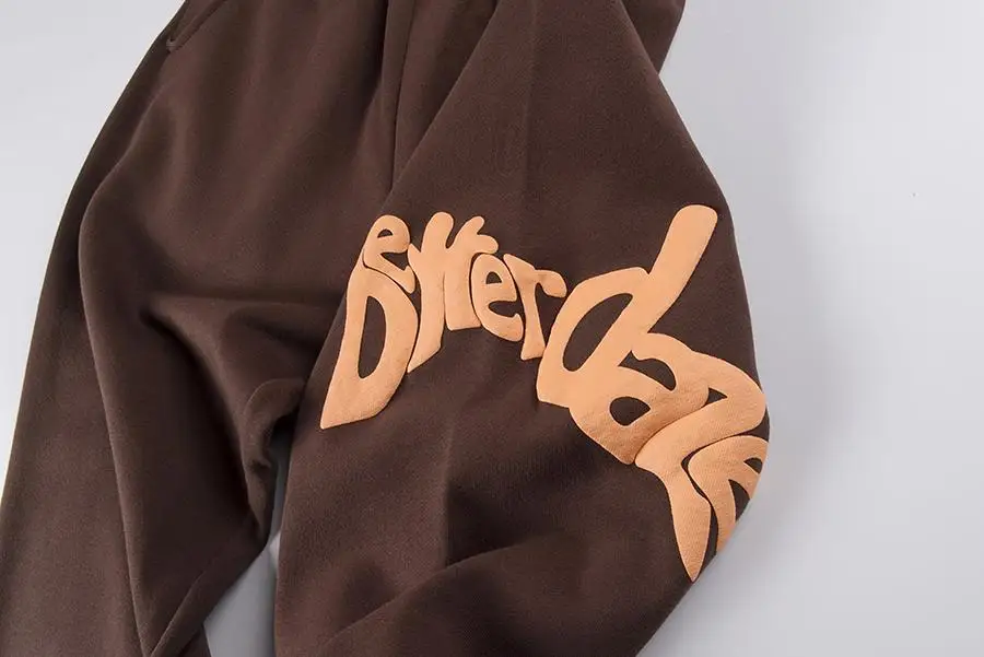 designer thick streetwear wide leg men no drawstring brown unisex heavyweight 100% cotton custom logo puff print sweatpants