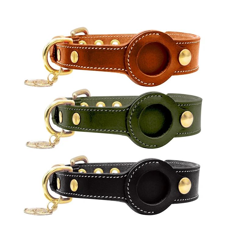 Factory Wholesale Custom Airtag Dog Collar Padded Italian Brown Leather Dog Collar With Airtag Case