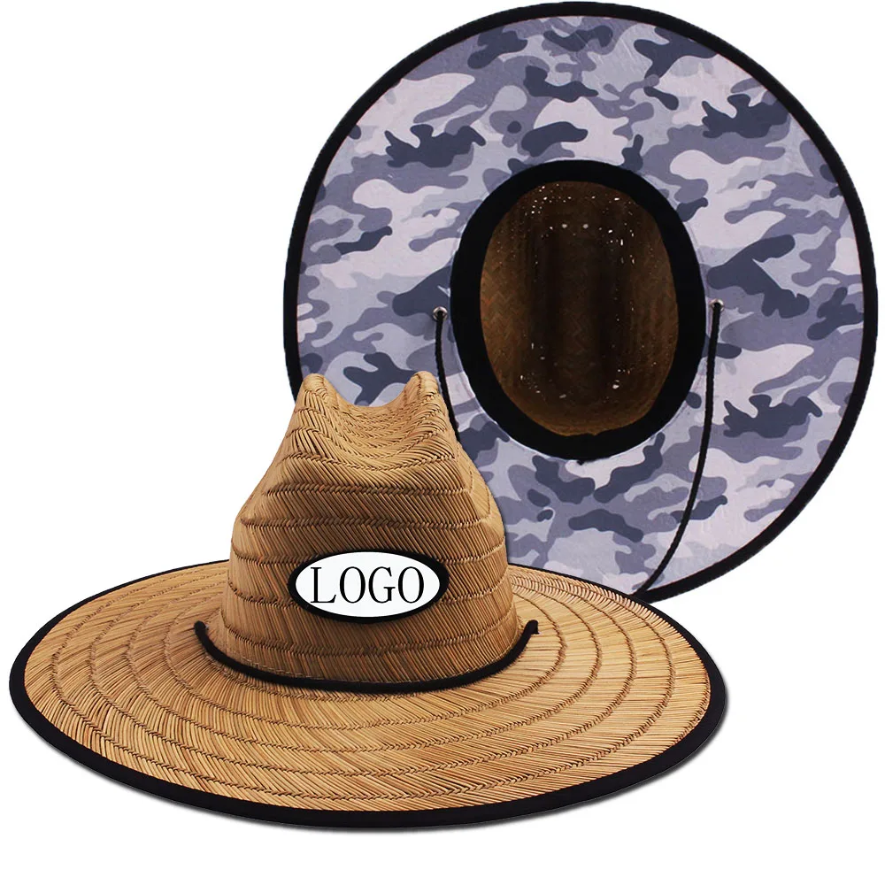 Custom Logo Spring Summer Unisex Sun-proof Casual Lifeguard Straw Beach Hat with Big Brim Printed Grass Paste Bahamas Wholesale