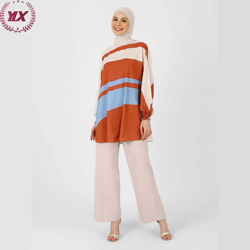 Elegant Long Sleeves Ruffles Decoration Printed Tops Muslim Ladies Clothing Modest Shirts For Women