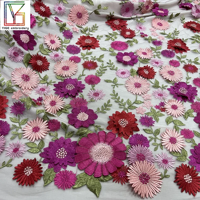 New high quality Bridal dress embroidered flower tulle lace fabric African 3D embroidered applique lace fabric