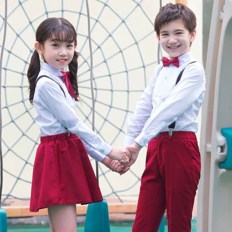 
cheap wholesale korean style beautiful red boys girls primary school uniforms design with pictures 