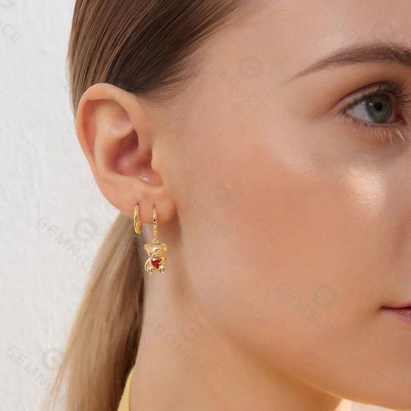 Gemnel 925 silver cute hypoallergenic bear pendant jewelry charm girls huggies red heart earrings