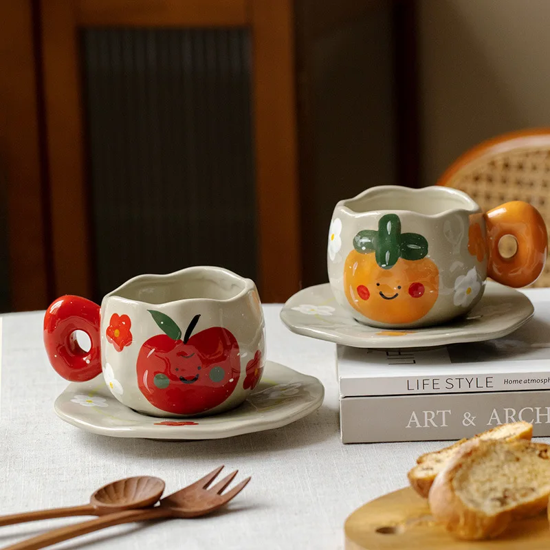 Wholesale 300ml Creative Handmade Ceramic Coffee Cup with Saucer Set Hand-painted Pottery Mugs Set for Afternoon Tea