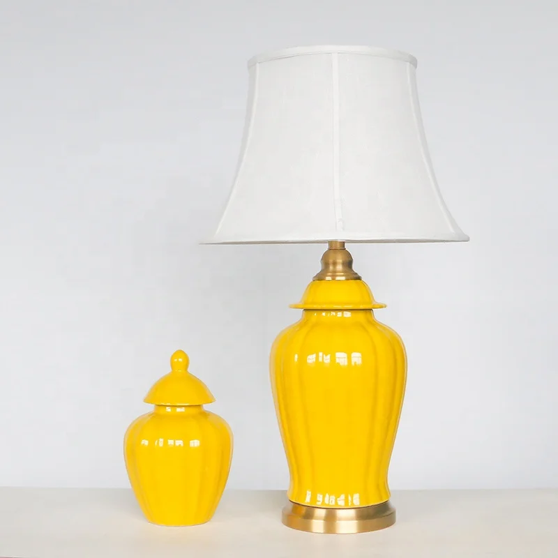 Chinese yellow temple jar ceramic table lamp with fabric shade hotel bedside table lamps decoration
