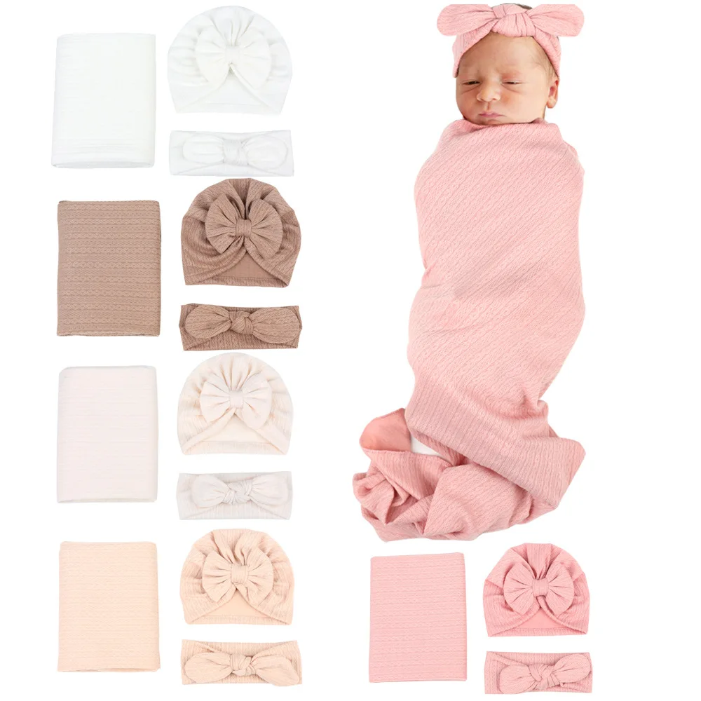 Newborn Baby Wrap Blanket Fine Hemp Pattern Swaddling Bag Hats and Hair Band 3-piece Sleeping Set