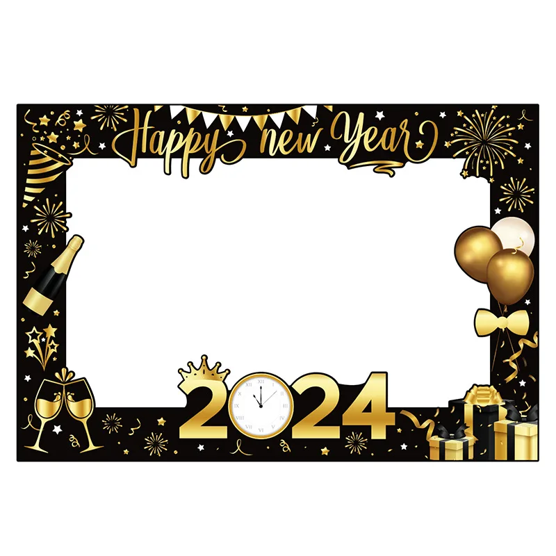 2024 Happy New Year Theme Black Gold Paper Photo Booth Props Party Decoration Set
