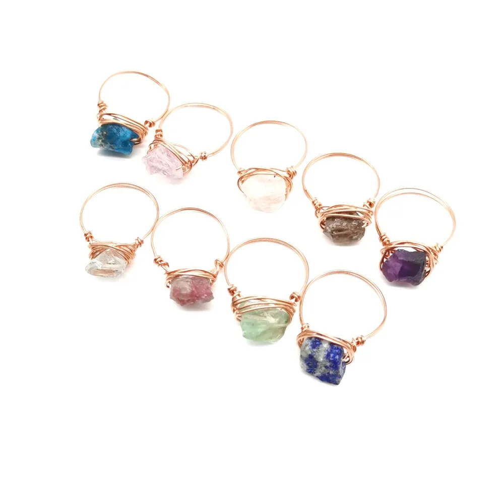 DEAR CRYSTAL popular Hand Wrap Brass Wire Colorful round shape high quality Natural Stone Rings for Women Gift