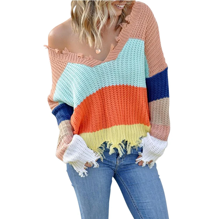
2019 New Style Winter Striped Color Long Sleeve Women Distressed Sweater Oversize 