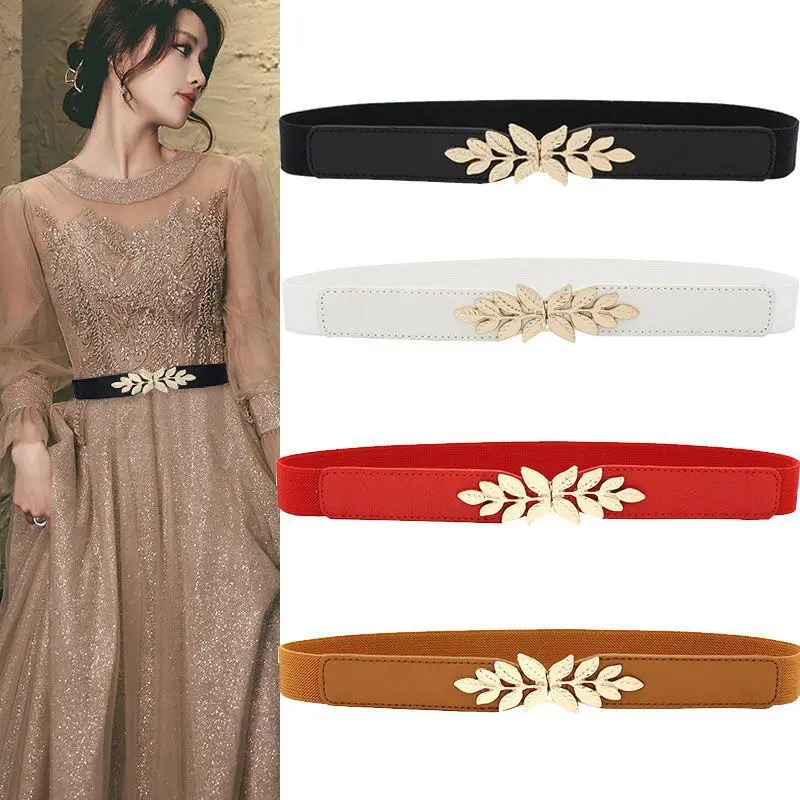 100CM PU Leather Stretch Waistband Skirt Waist Decor Tie Belt Girdle Adornment Jeans Sash Gold Leaf Buckle Dress Belts for Women