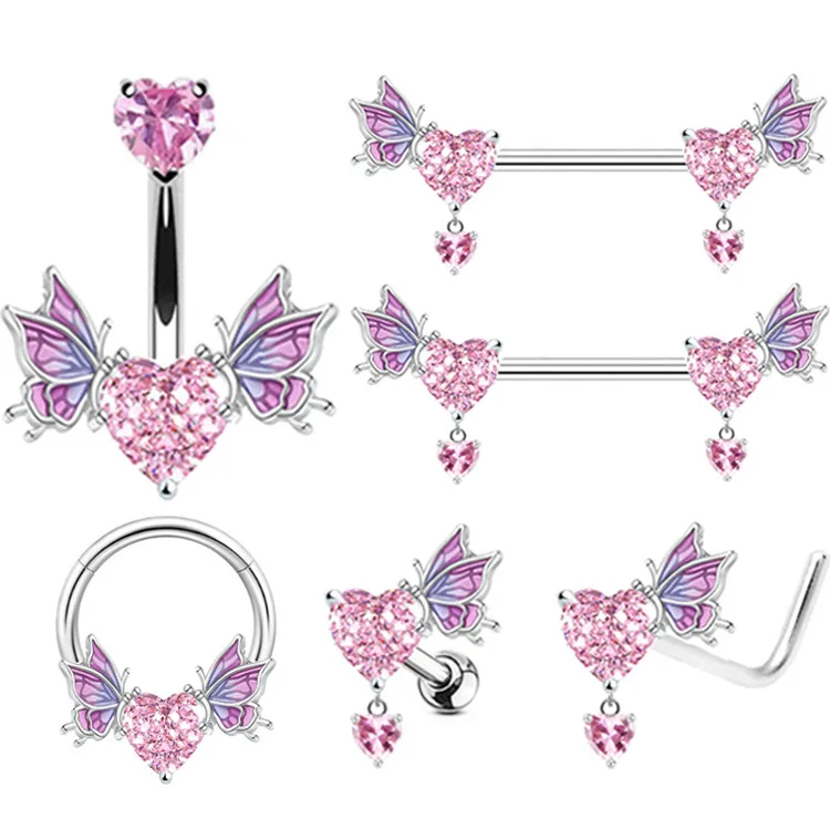 New Pink Wing Zircon Belly Button Ring Heart Navel Bar Nipple Piercing Lip Nail Nose Ring Earrings Industrial Piercing Jewelry