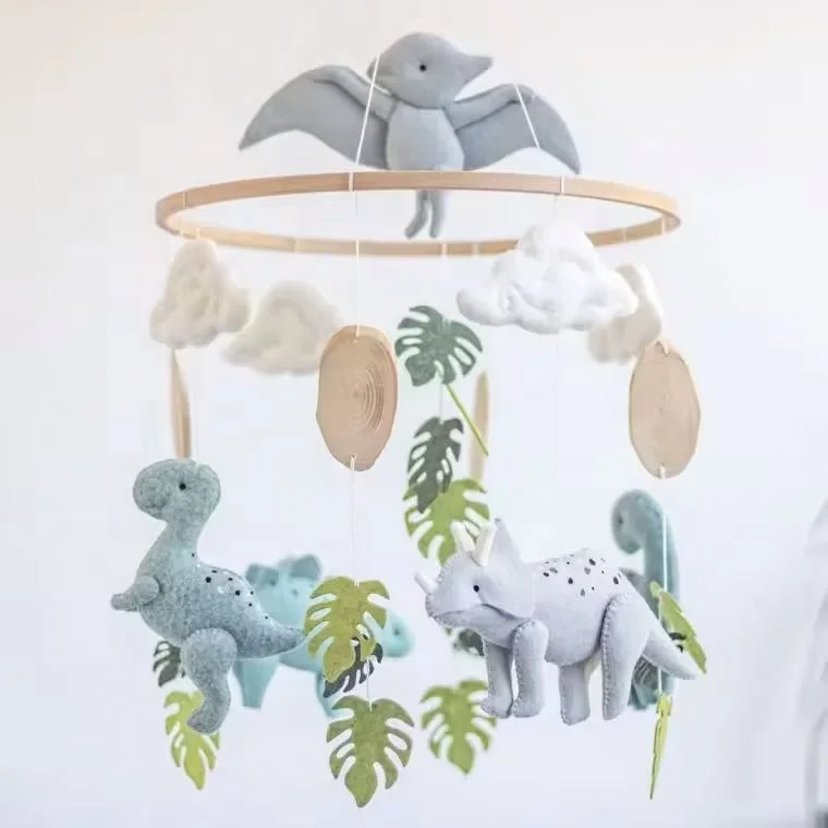 CE CPC handmade cute stuffed dinosaur hanging soft toy with beech wood frame felt baby mobile for nursery decoration