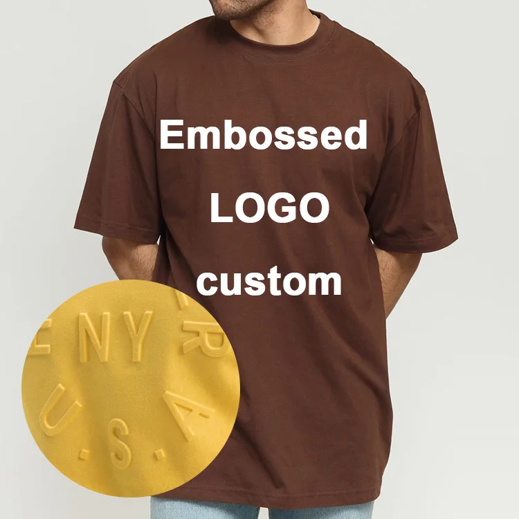 High Quality 200Gsm USA Custom Printing Design Men Rap Music Style 3 Pack Cotton Relaxed Fit Brown Embossed T Shirt With Collar