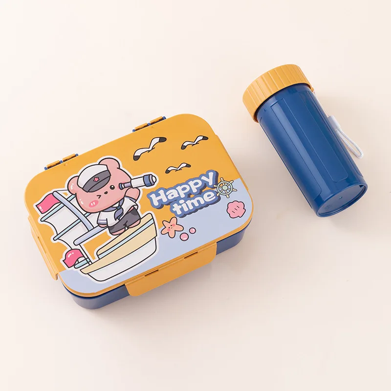 AMZ Cute Microwave Safe Plastic Flip Lid Student Bento Box Water Bottle Set cartoon Office Portable Compartmentalized Lunch Box