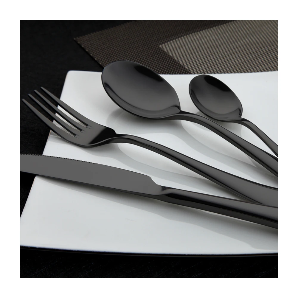 Low Price Custom black flatware 5 pcs stainless steel cutlery set luxury high quality knife fork and spoon set for restaurant