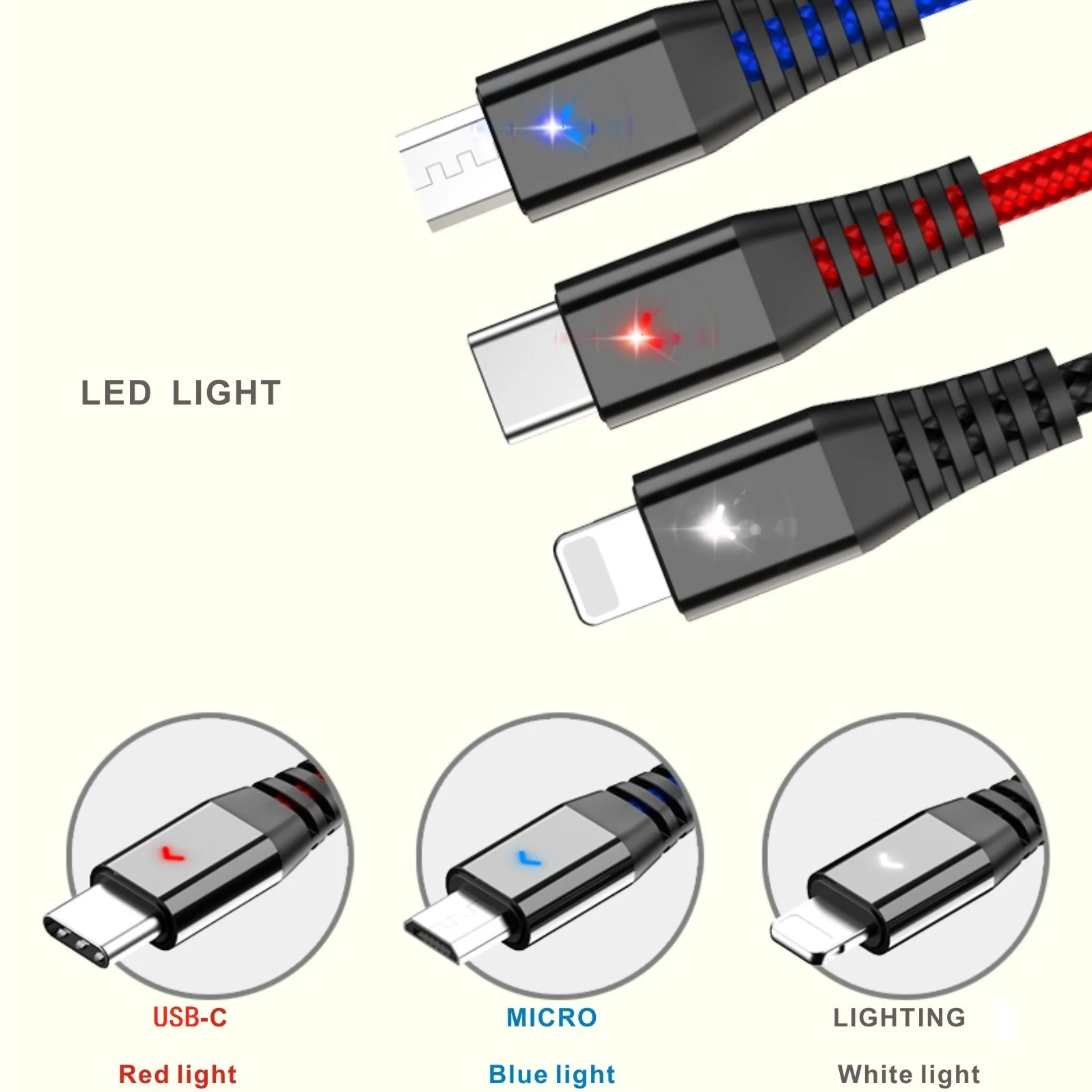  Konfulon высококачественные многофункциональные USB-кабели со светодиодной подсветкой 3 в 1 быстрая зарядка нейлоновый Плетеный