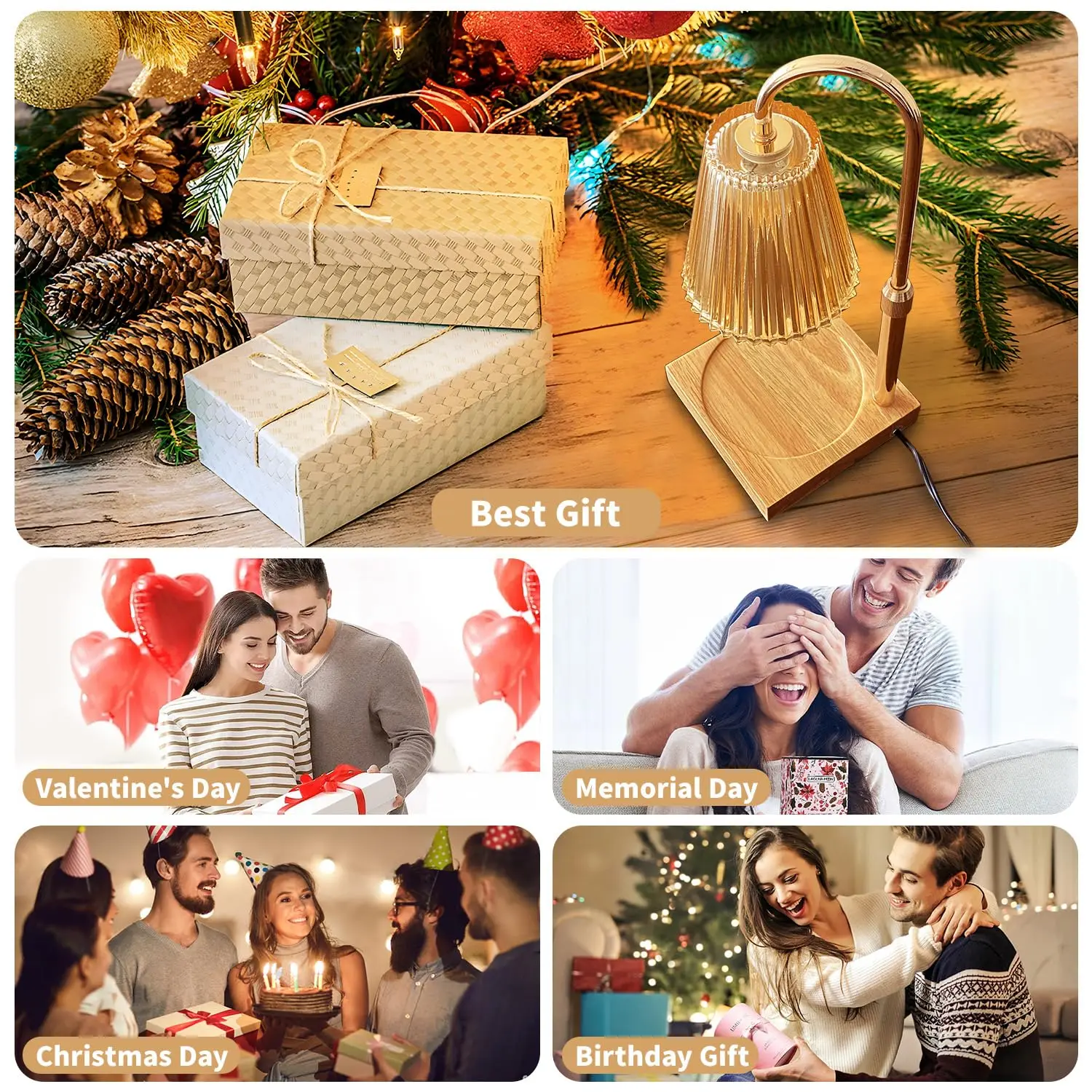 Wooden Dimmer ElectricJar Candles Warmer Bedroom Home Decor 2H/4H/8H Timer 2 Bulbs Candle Warmer Lamp