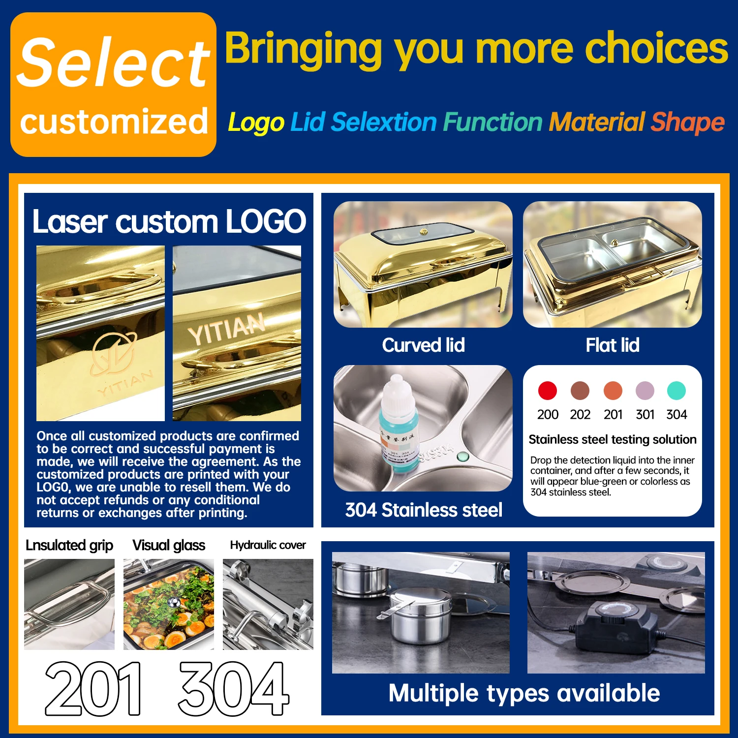 YITIAN High Quality Rectangular Stainless Steel Chaffing Dishes Electric Chafing Dish Food Warmer Catering Equipment For Hotel