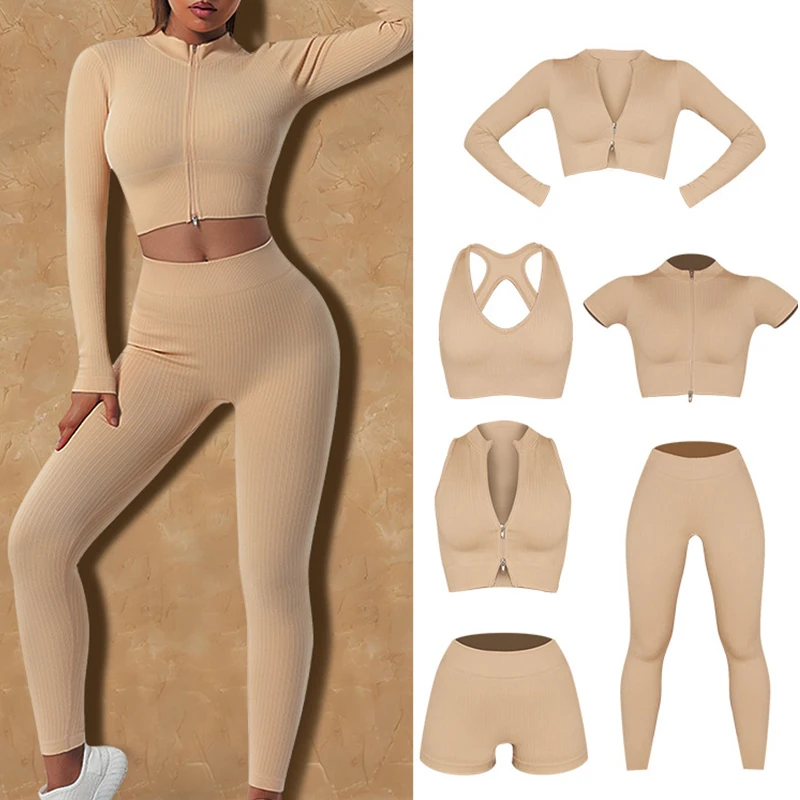 New Arrival Fitness Clothing Leggings Gym Fitness Sets Activewear 6 Piece Set Workout Women Ribbed Seamless Yoga Sets For Women