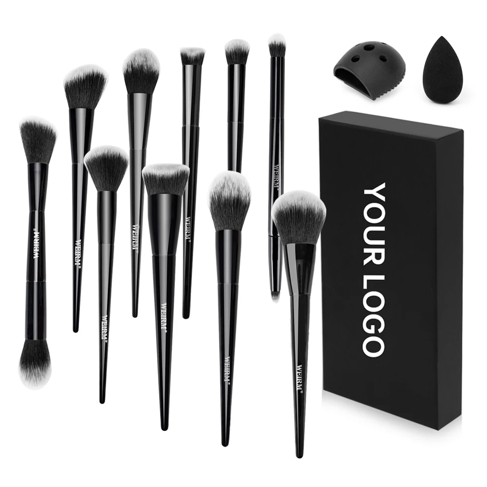 WEIRM new arrive makeup brush set cosmetics tool 10pcs shiny black custom logo makeup brush set with box