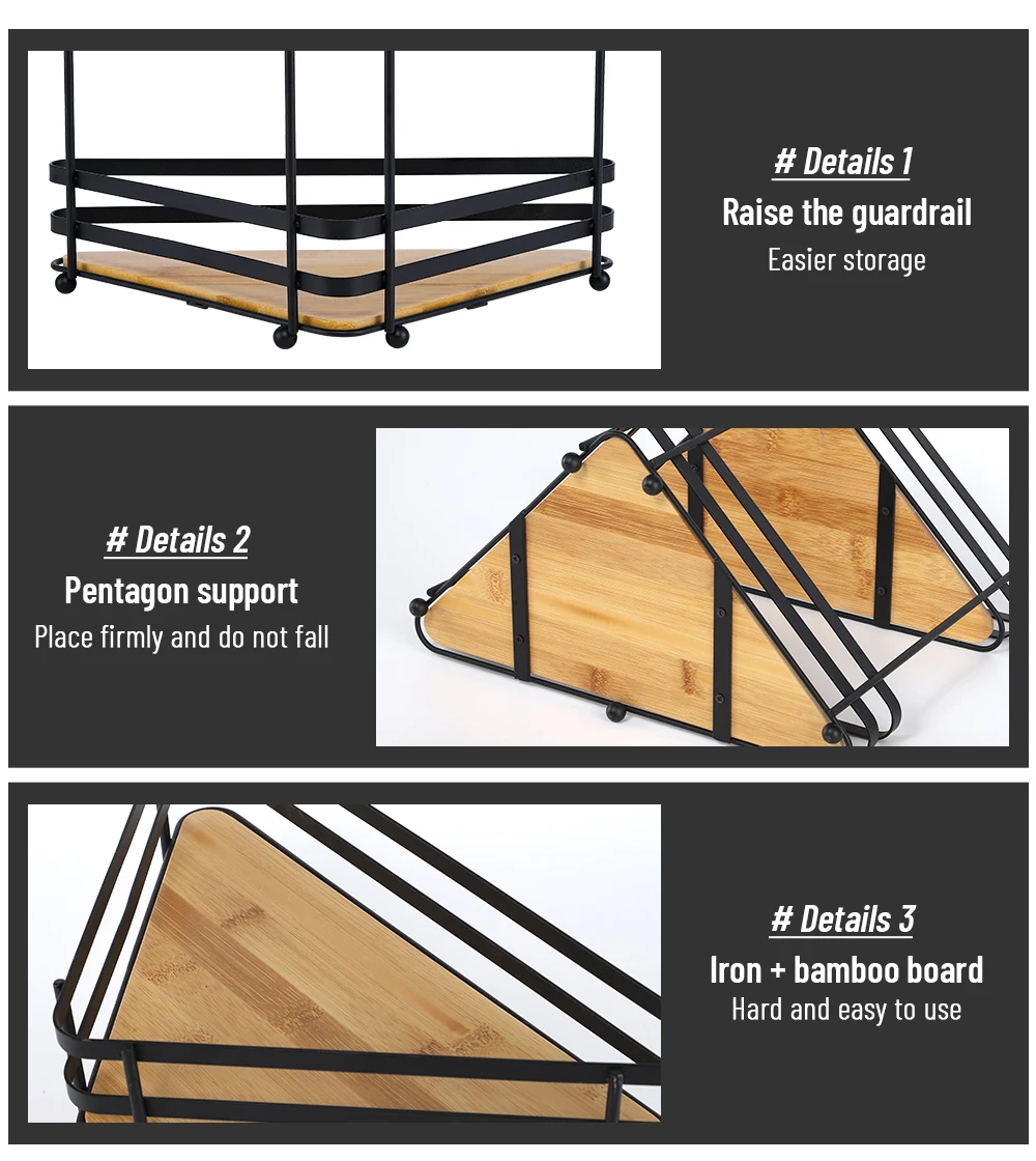 Manufacturer Bamboo Metal 2 Layers Kitchen Corner Rack Bathroom Storage Shelf For Countertop