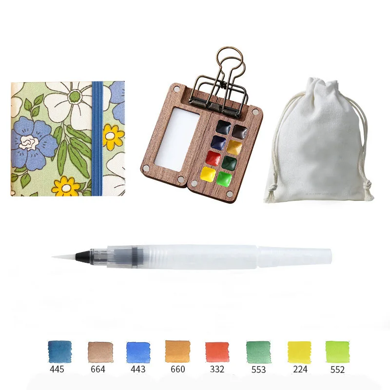 XinyiArt 8 Grids Mini Pocket Watercolor Portable Travel Paint Palette with Brush for Making it Outdoor Sketching DIY Painting