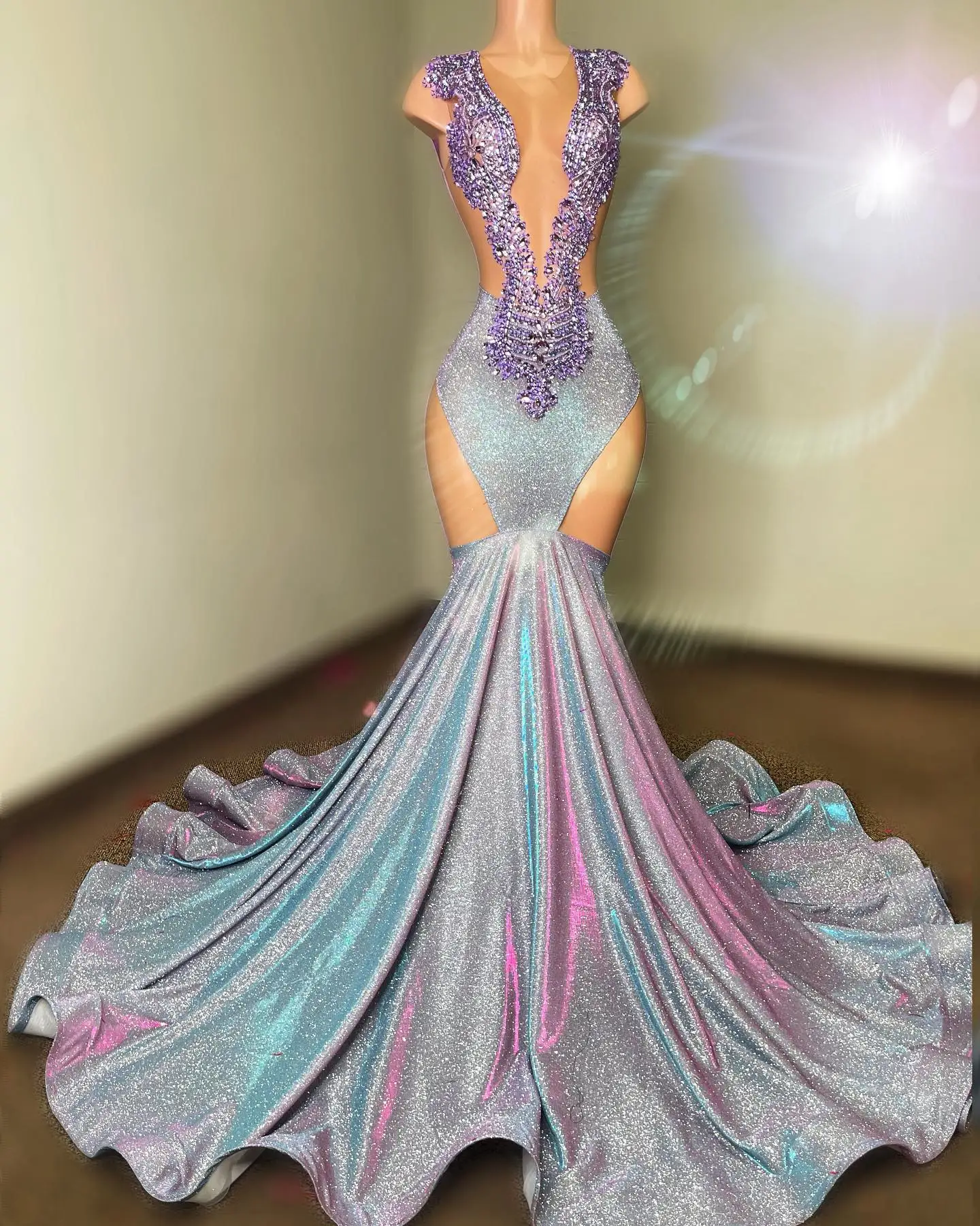 Sleeveless Maxi Dres Sexy Mesh Rhinestone Long Gown Evening Dress Purple Mermaid Prom Dresses 2023 Elegant Black Girls