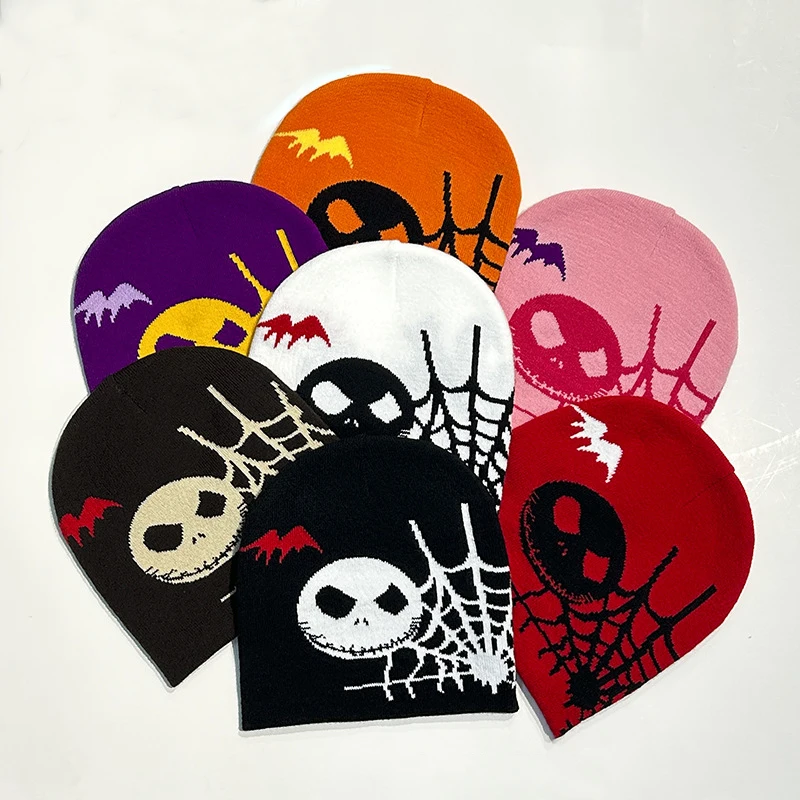 Wholesale Pirate Skull Jacquard Knitted Hat Pumpkin Ghost Face Cobweb Acrylic Beanies Hat