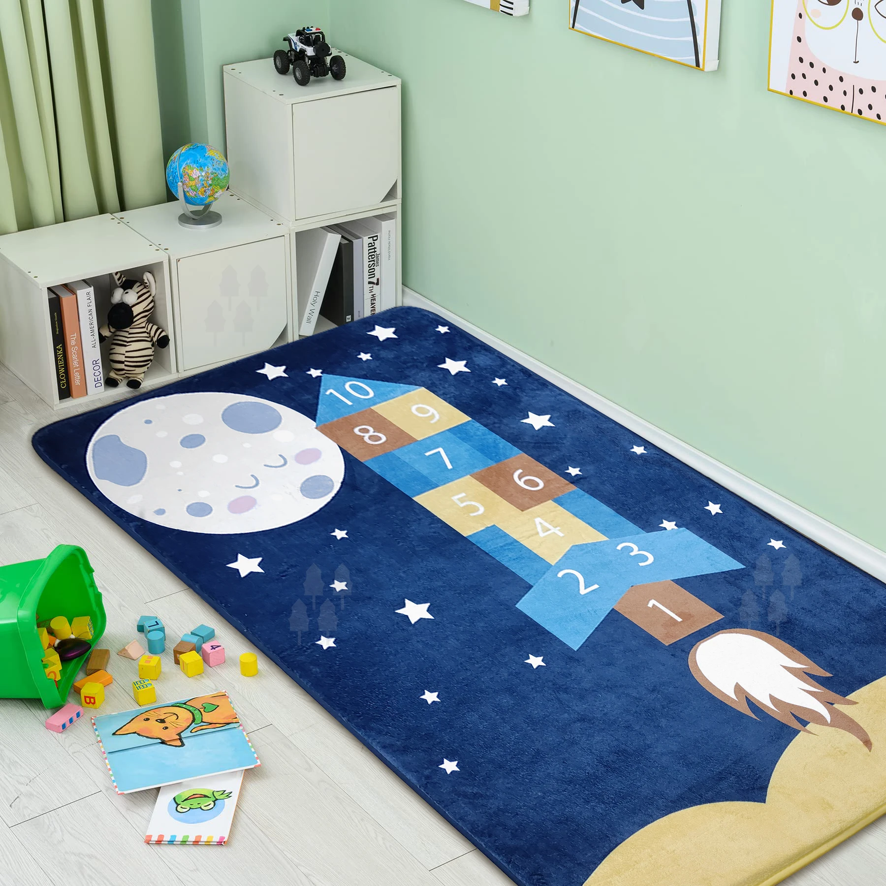 Blue Rocket Game Floor Carpet Classic Hopscotch Rug Kids Play Area Mats with Skid-Proof Backing