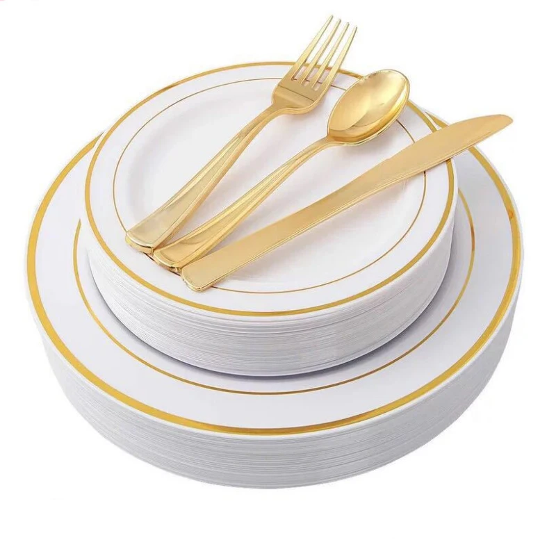 China wholesale High Quality disposable silverware gold rim plastic plates