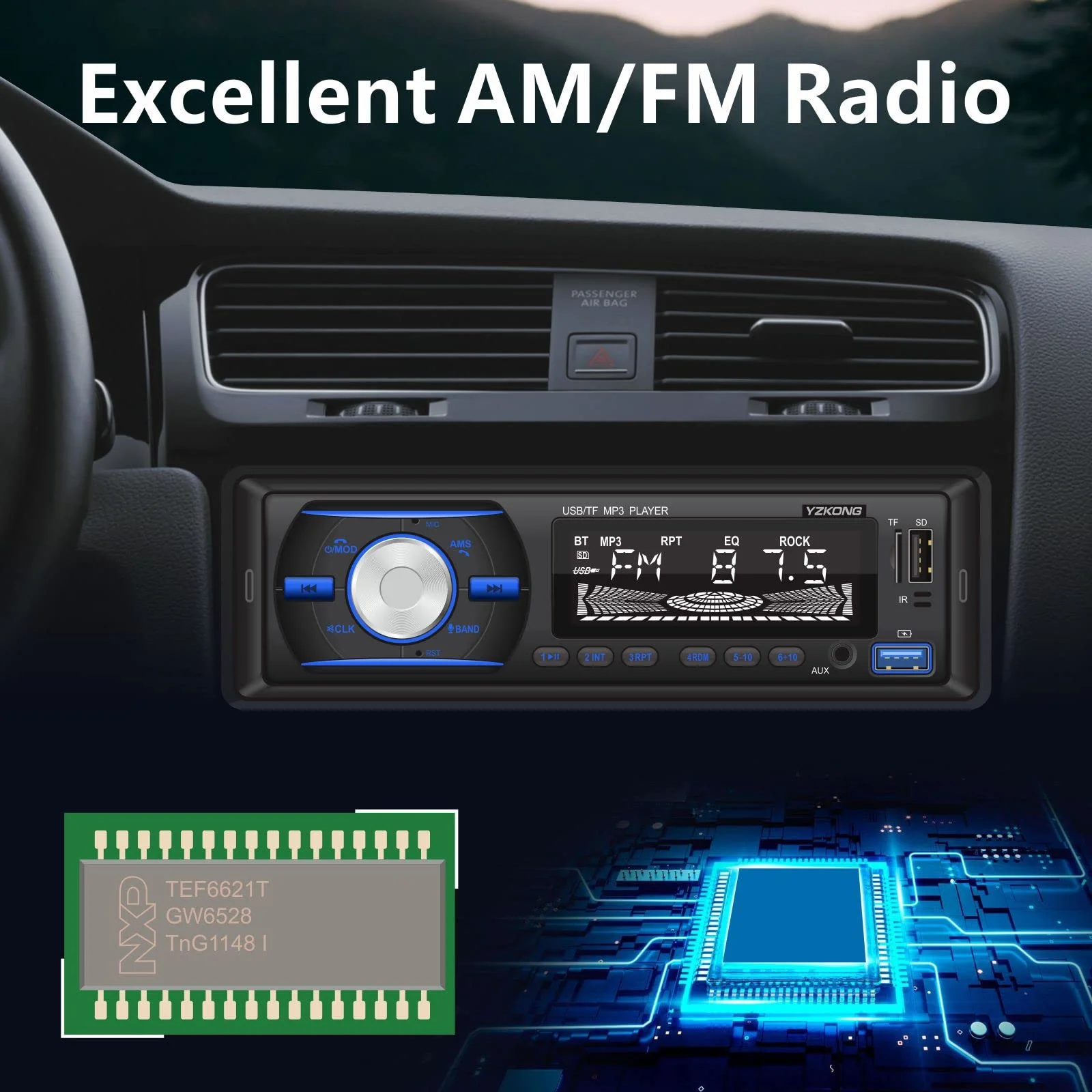 Автомобильный стереоприемник с Bluetooth ЖК-дисплеем AM/FM-радио mp3-плеером USB SD AUX встроенным микрофоном