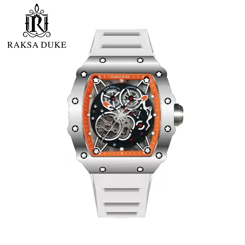 Fashion Sport Watch Rectangle Stainless Steel Case Silicone Strap Mechanical Men Watches