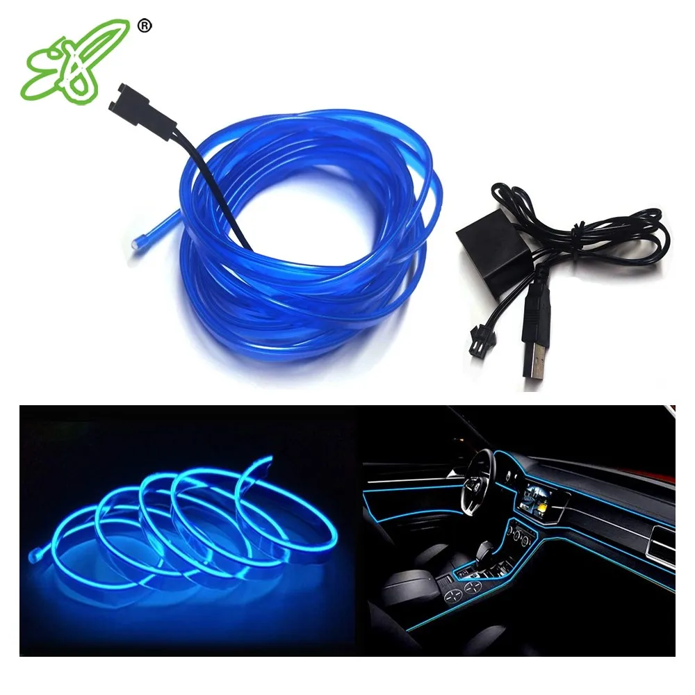 EL Wire Interior Car LED Strip Lights, USB Neon Glowing El Wire with 6mm Sewing Edge, Ambient Lighting Kits for Car, Garden