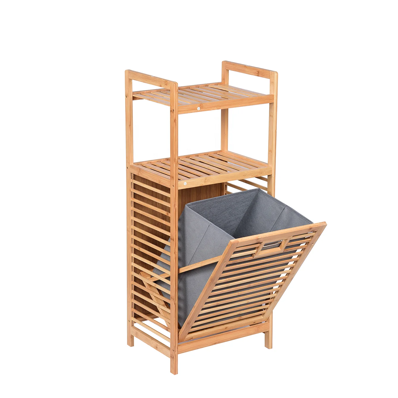 Hot Sale 2 Tier Bamboo Shelf Bathroom Storage Rack with Removable Inner Fabric Basket for Home