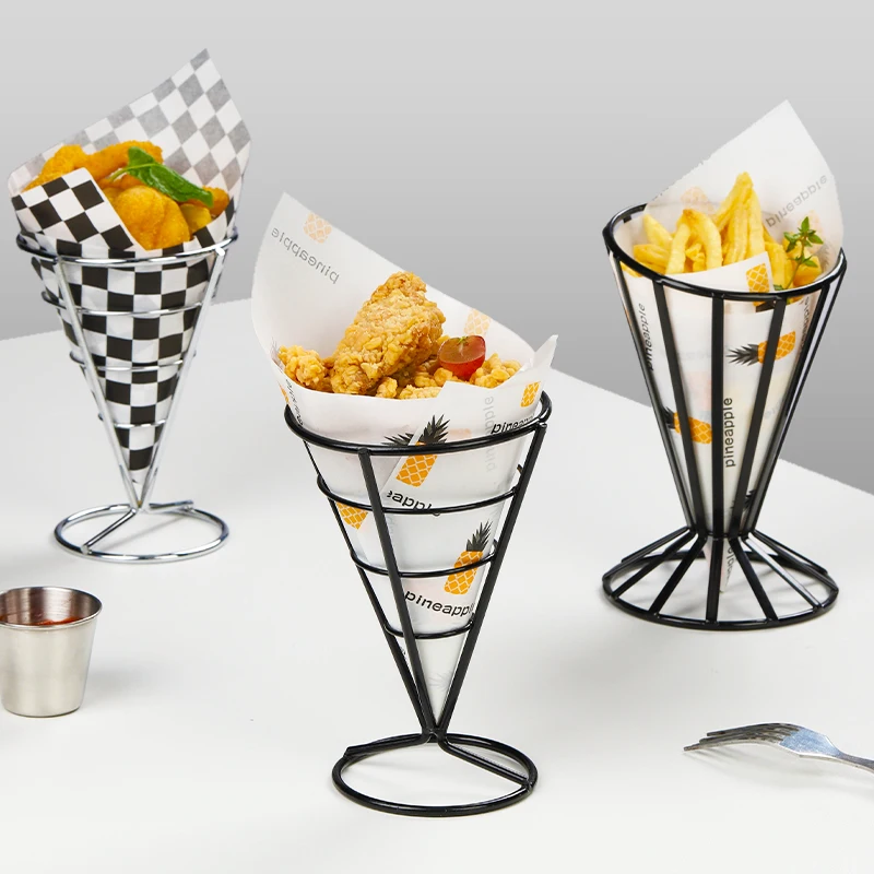 
Food Grade Metal Food Cone Snack French Fry Prawn Holder With Condiment Stand 