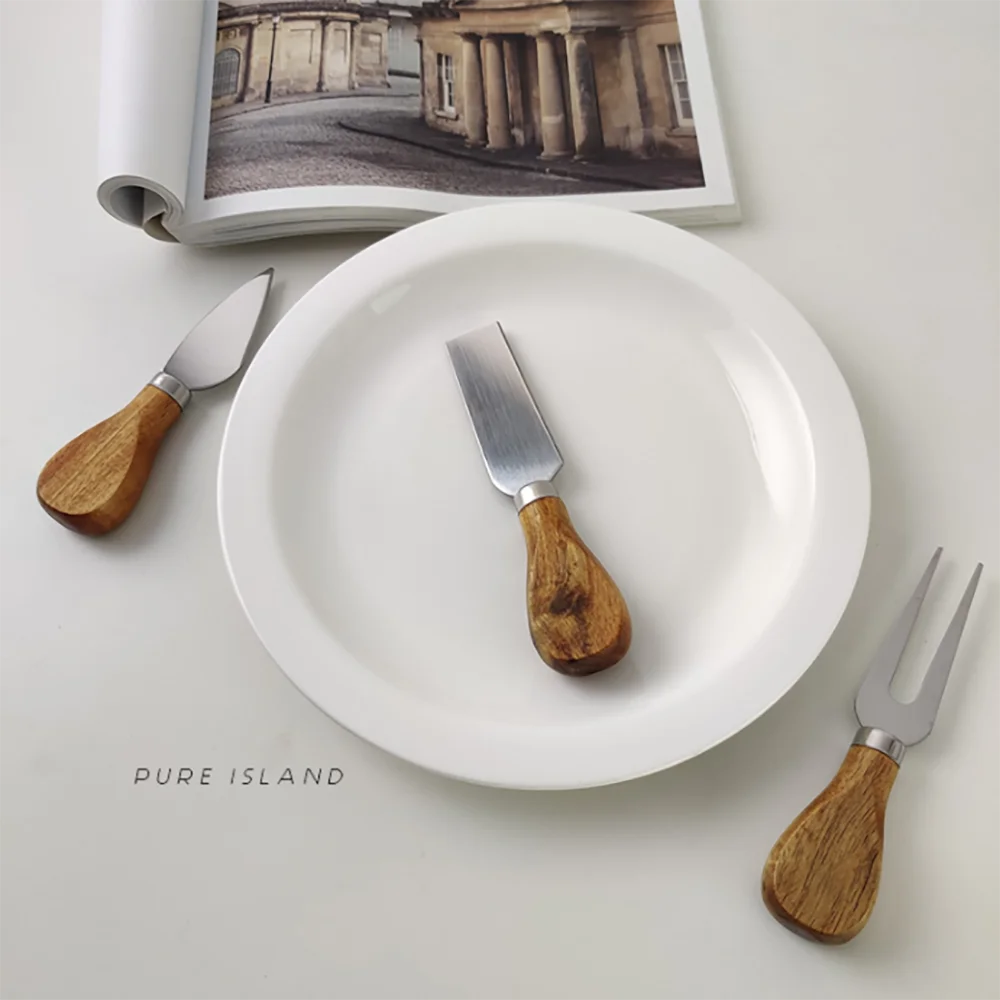 Xingye Oka Wood Handle  Cute 420 Stainless Steel 4pcs Restaurant Kitchen Cutlery Cheese Fork Flat Knife Cake Dessert Knives