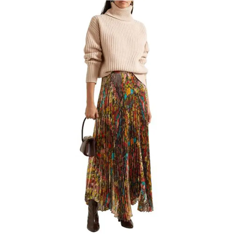 best quality long autumn office skirts custom floral print pleat lined skirts metallic silk blend pleated skirts women