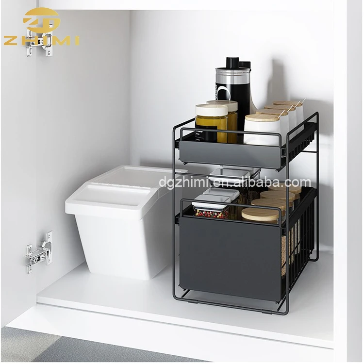 Stainless Steel 2-layer Home Sliding Basket Storage Holder Kitchen Spice Rack Bathroom Rack Book Rack