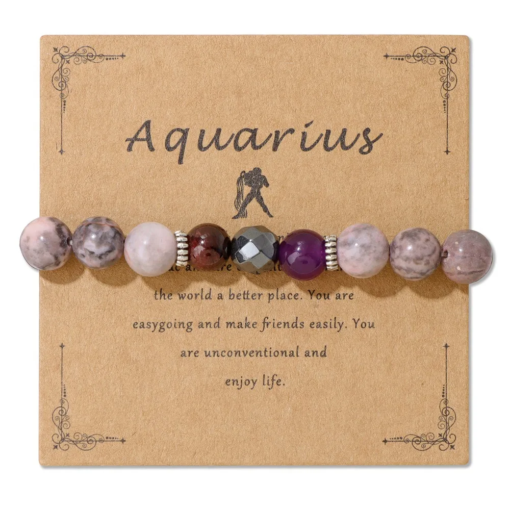 In Stock Wholesale Couple 12 Zodiac Sign Bracelet Astrology Jewelry Pink Zebra Natural Stone Bracelets