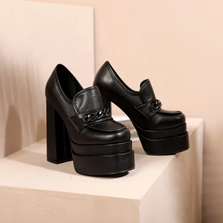 Stylish Designer Brand Women Shoes Square Toe Double Platform Pumps Chunky heel Slip-on Office Lady High Heel Grundfos Pumps