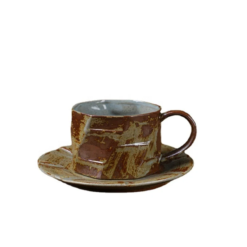 220ml Vintage Coffee Cup Saucer Set Handmade Cappuccino Mug Stoneware Artistic Tea Cup With Tray