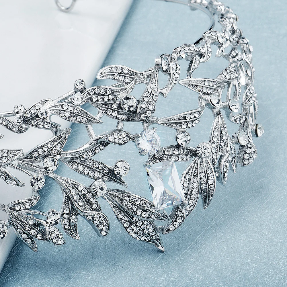 huanhuan luxury bridal hair accessories high-grade zircon rhinobar crown retro alloy leaf headband wedding dress headgear