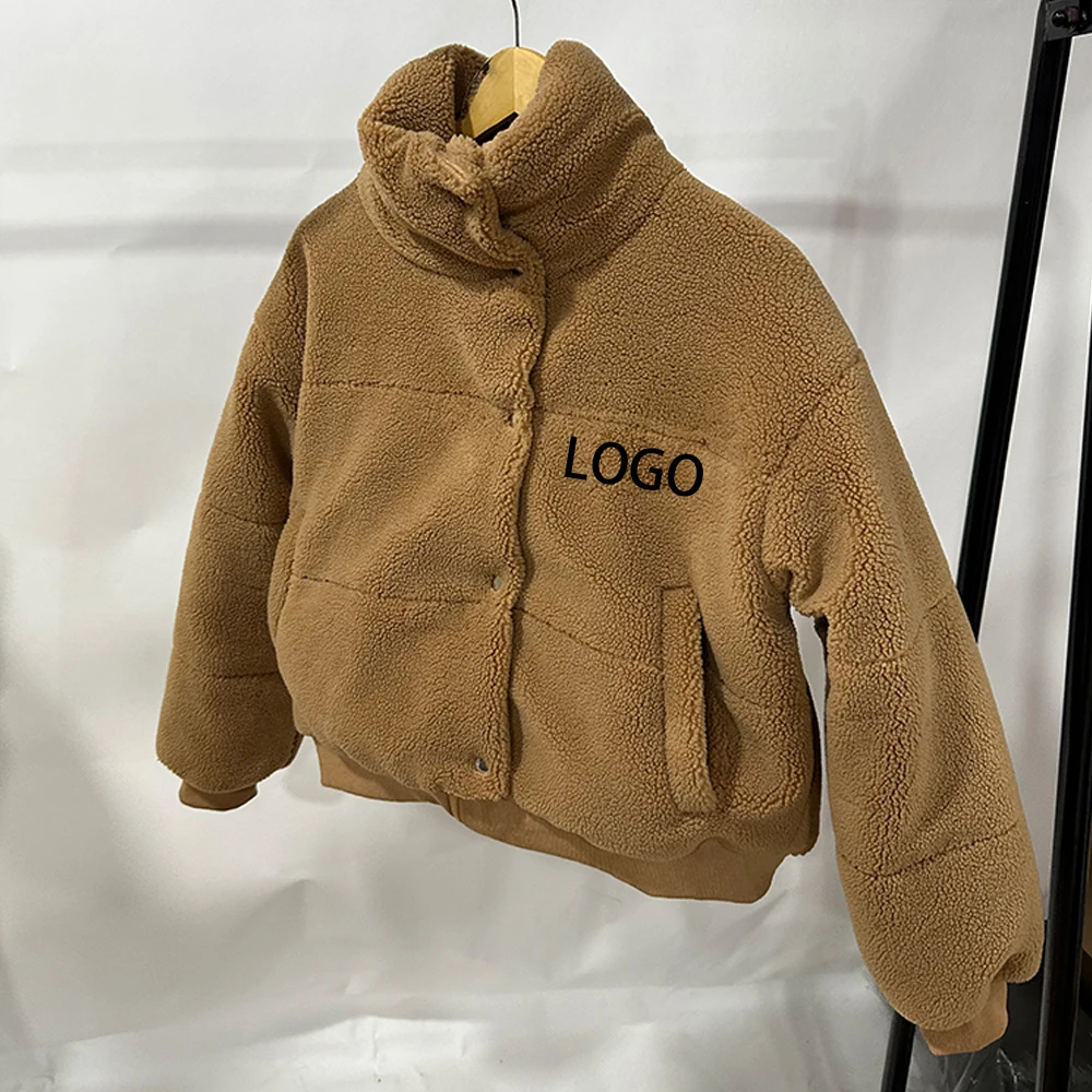 Custom high quality fleece jacket zip up button fur coat thickening with cotton sherpa teddy fleece jacket for women
