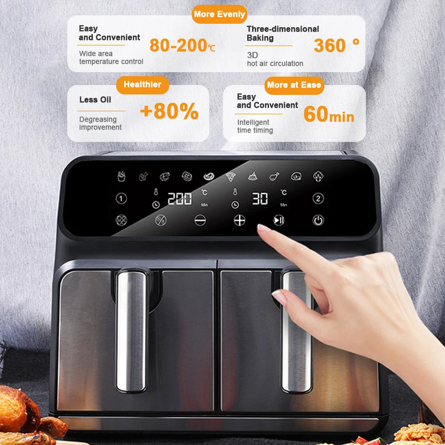 8 L PP+SS Electric 4L + 4L 360 Hot Air 2 Door Double Zone Chamber Baskets Digital Deep Air Fryer Oven with Two Drawer Pot