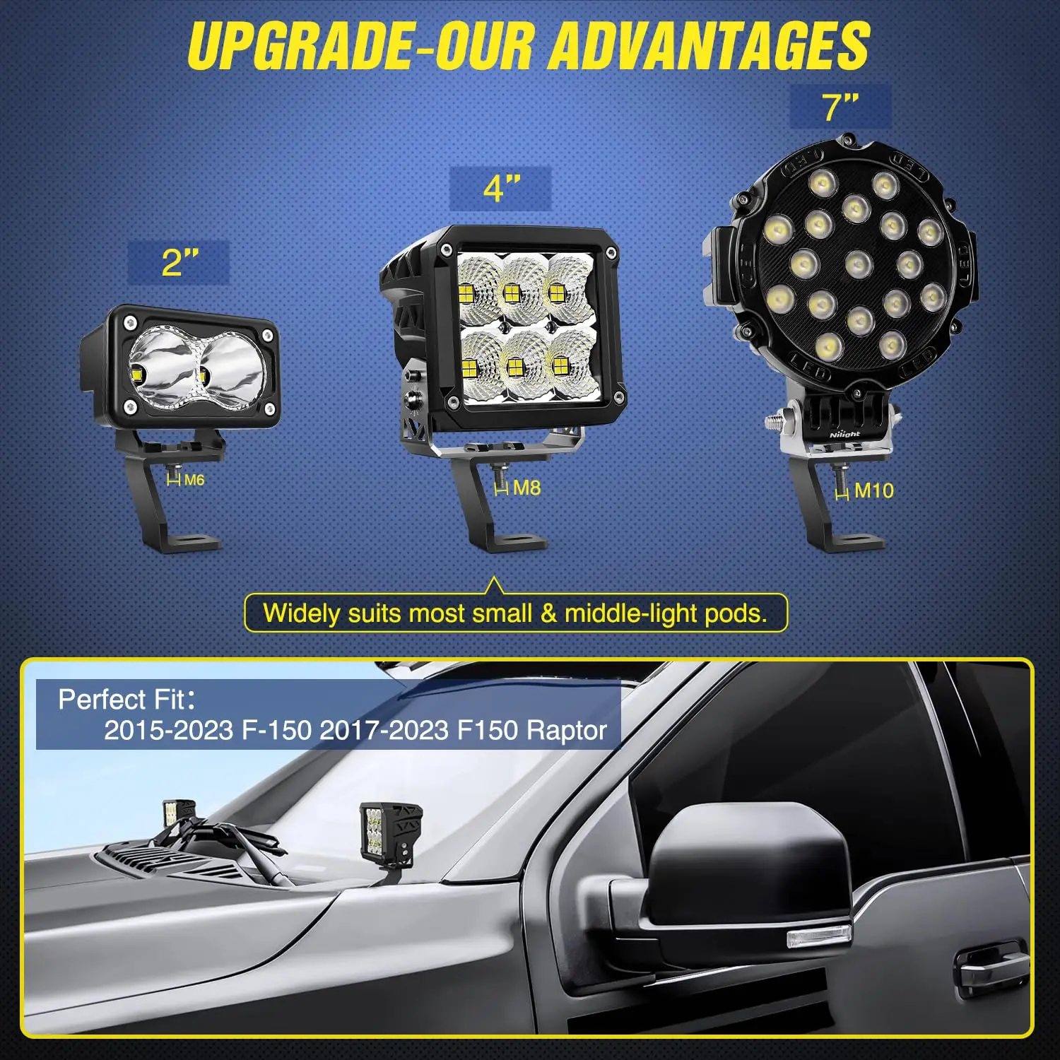 Front A-pillar Left Right Side Hood Hinges LED Work/Cube Light Mount Brackets For F150 Raptor 2017-2023  F-150 2015-2023