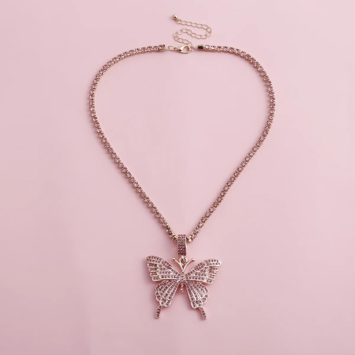 Ins Hip Hop Luxury Jewlry Tennis Chain Diamond Rhinestone Butterfly Necklace for Women