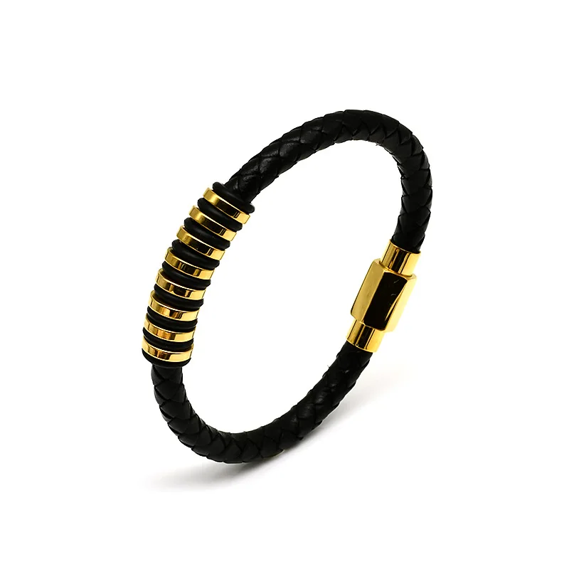 Trendy Gold Titanium Steel Bracelet Braided Leather Rope Bracelet Personality Stainless Steel Bangles Bracelet