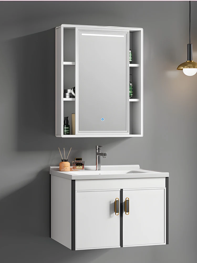 Led lighting modern design mdf floating wash basin stainless steel medicine mirror smart led bathroom cabinet vanity
