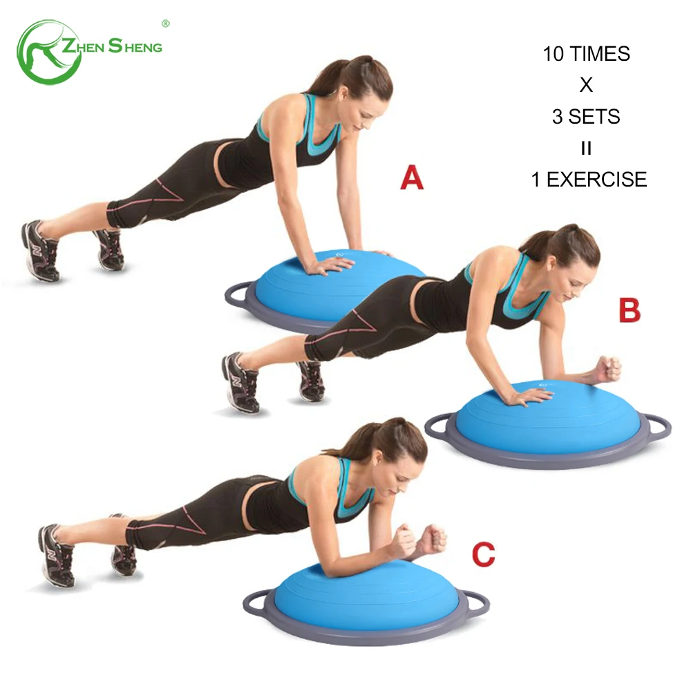 Zhensheng custom logo bigger non slip fitness trainer half balance ball half yoga ball oval type large size 74cm bosuing ball