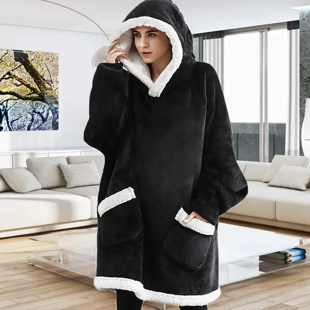Winter Oversized Hoodie Blanket Fleece Sweatshirt Plaid Hoody Women Pocket Hooded Sweat Oversize